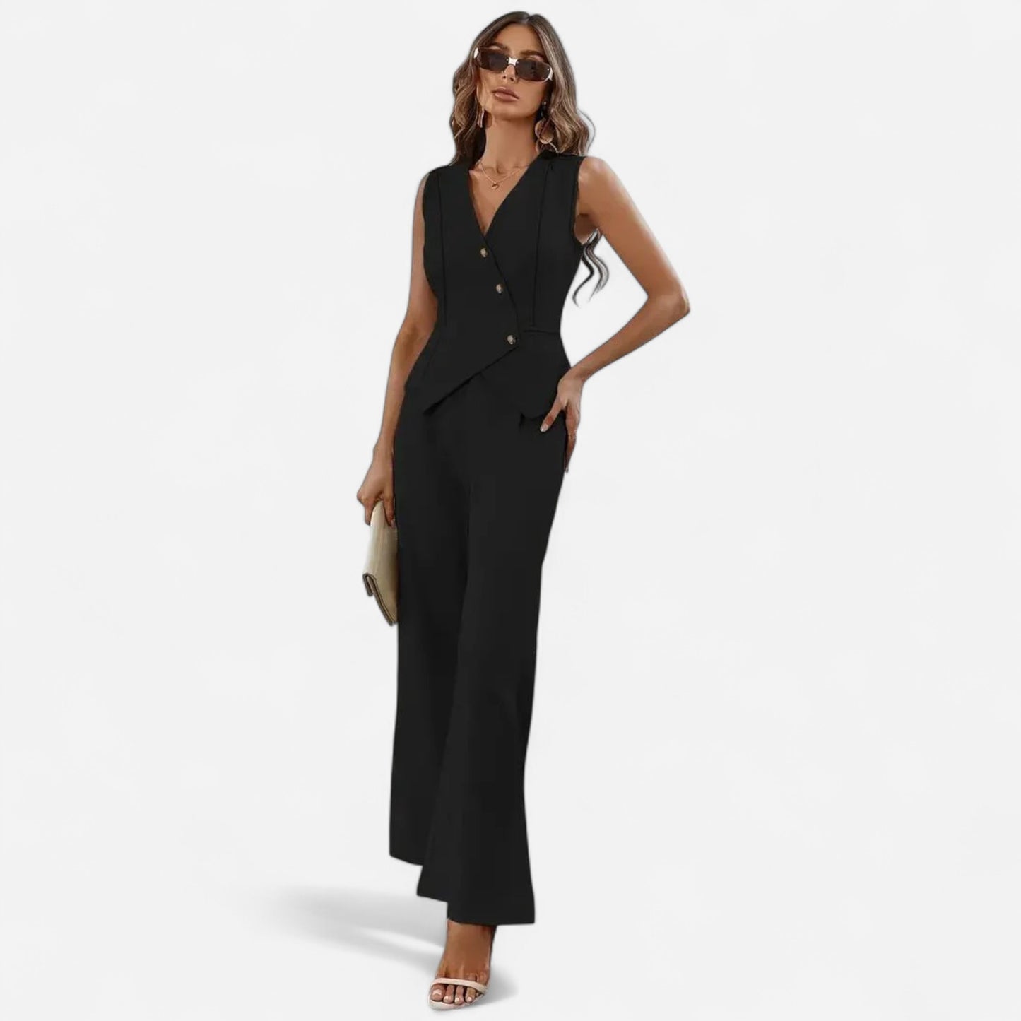 Pantalon Combinaison Sans Manches Élégant - Veste Asymétrique Ajustée
