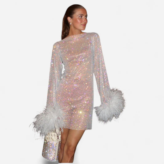 Robe Mini Paillettes - Détails en Plumes pour Soirées Glamour