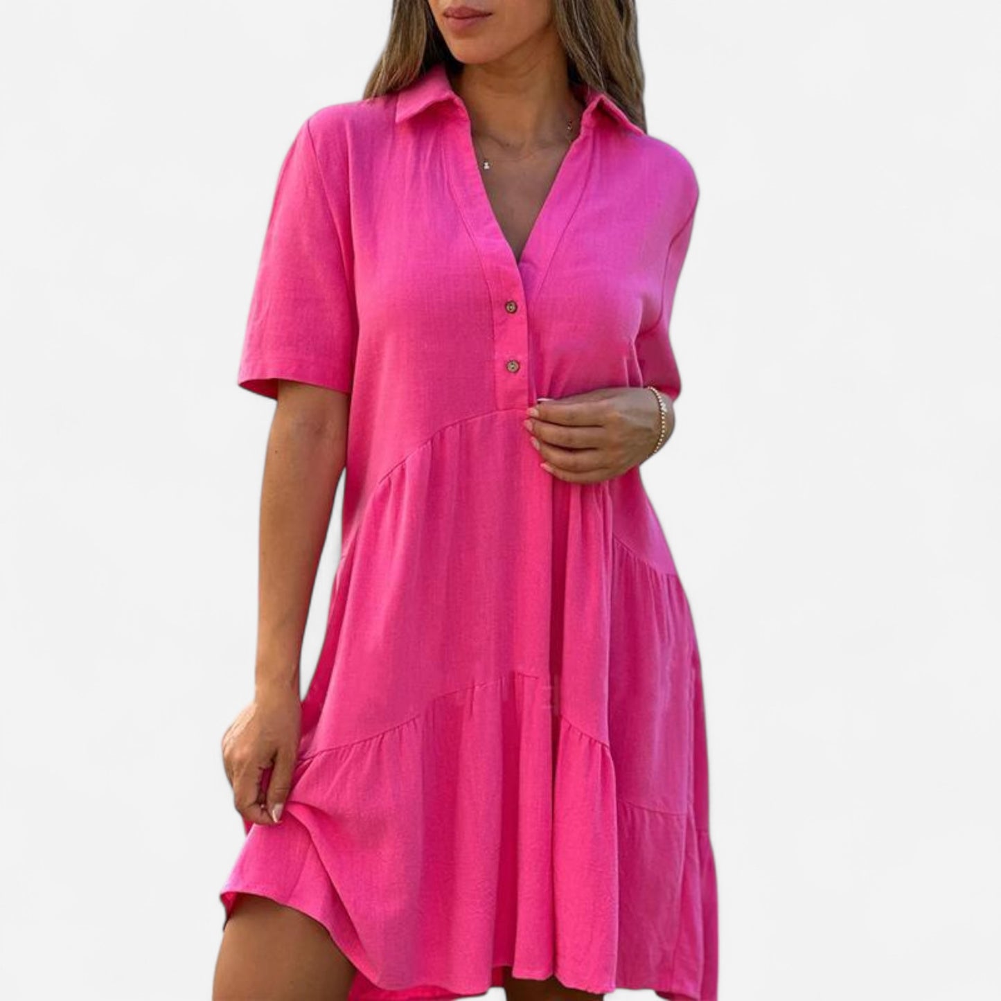 Vionelle - Robe décontractée en coton et lin, manches courtes pour femme