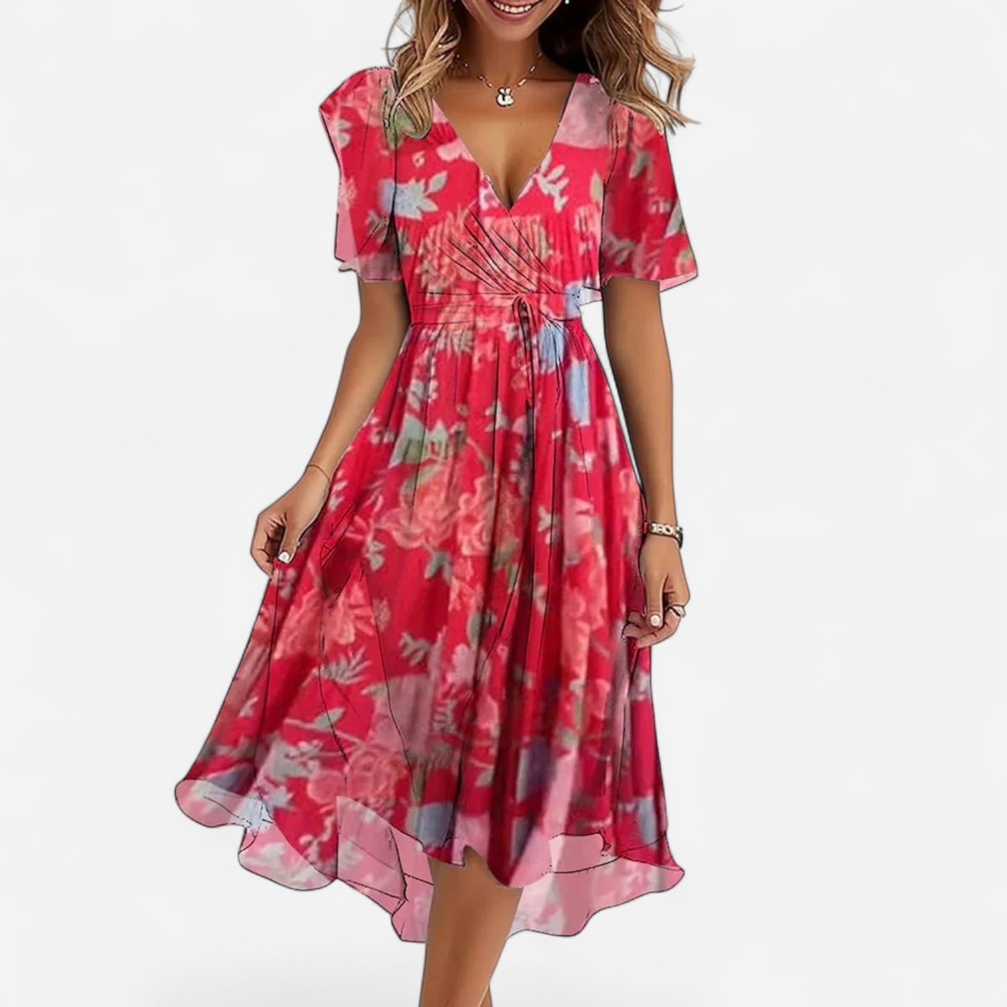 Robe Midi Chiffon Floral - Manches Volantes, Style Bohème Été