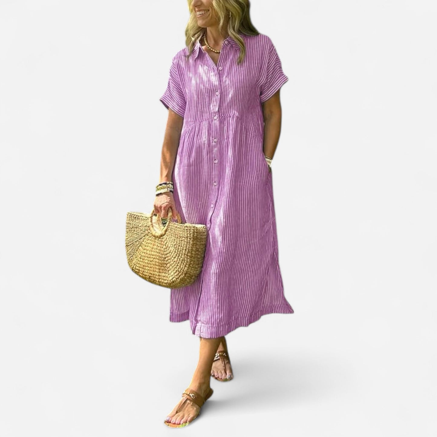 Melania - Robe Chemise Rayée avec Poches et Boutons Élégants