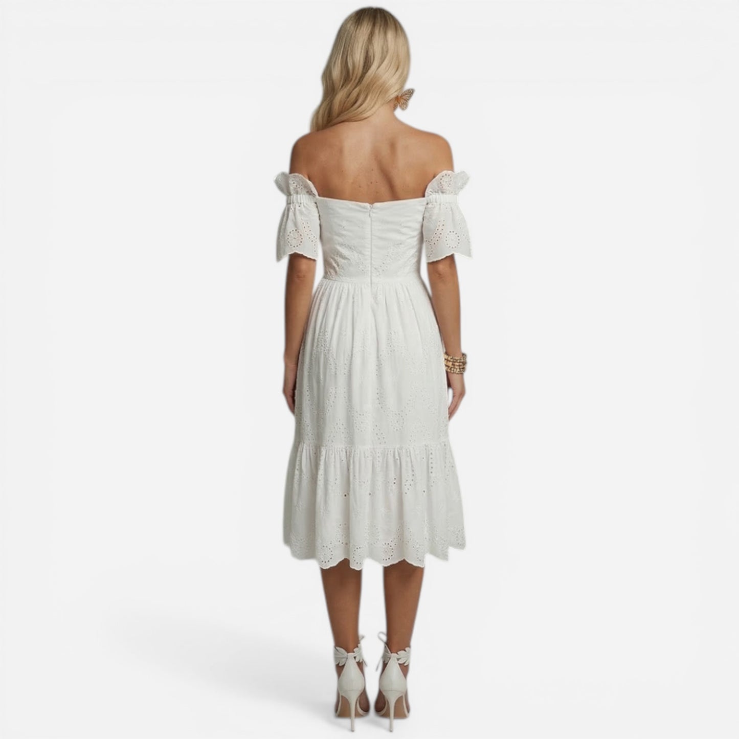 Robe Midi Femme en Coton Sangallo Élegante et Off-Shoulder d'Été