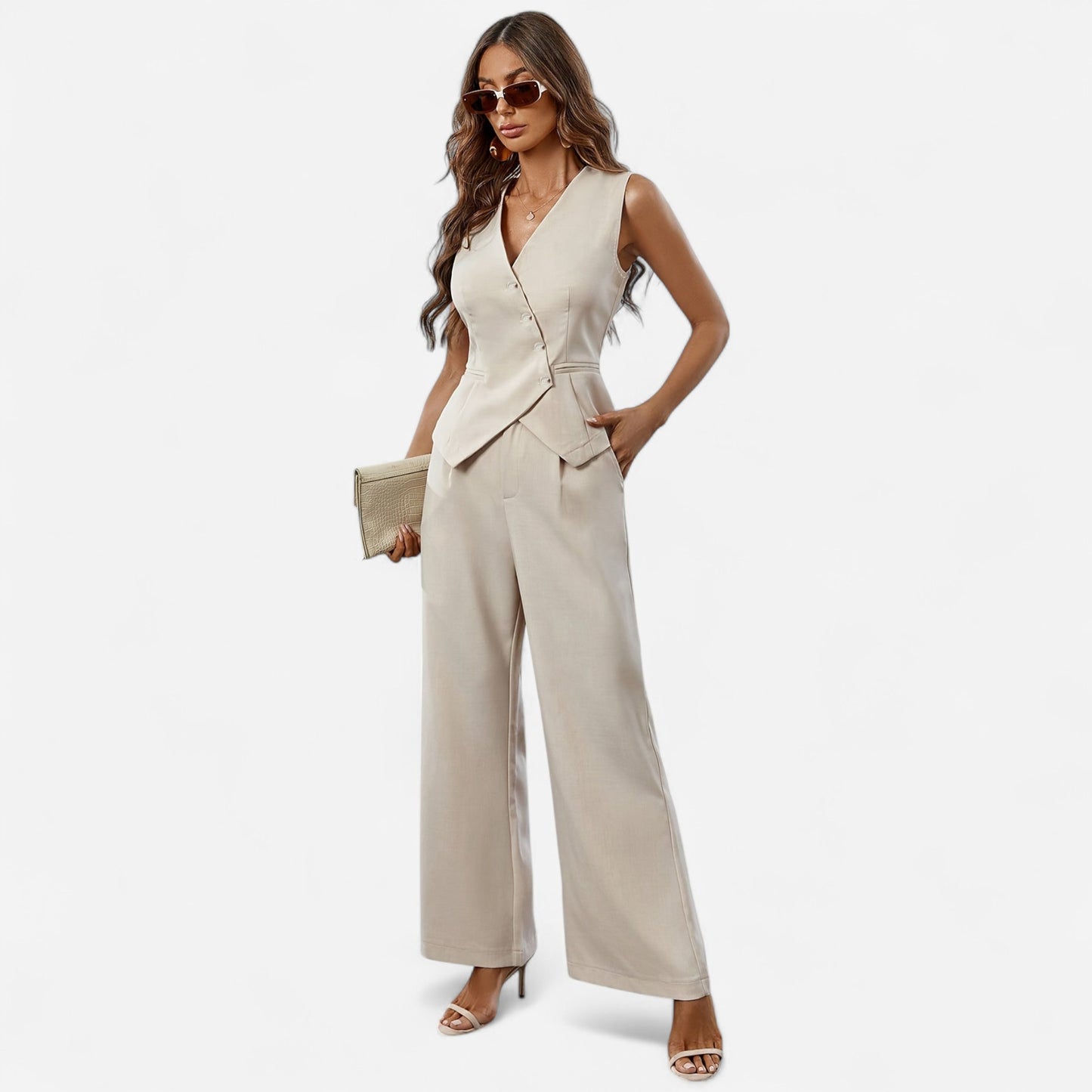 Pantalon Combinaison Sans Manches Élégant - Veste Asymétrique Ajustée