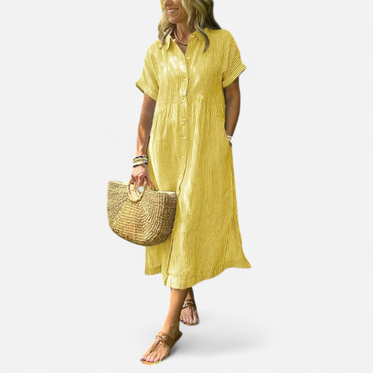 Melania - Robe Chemise Rayée avec Poches et Boutons Élégants