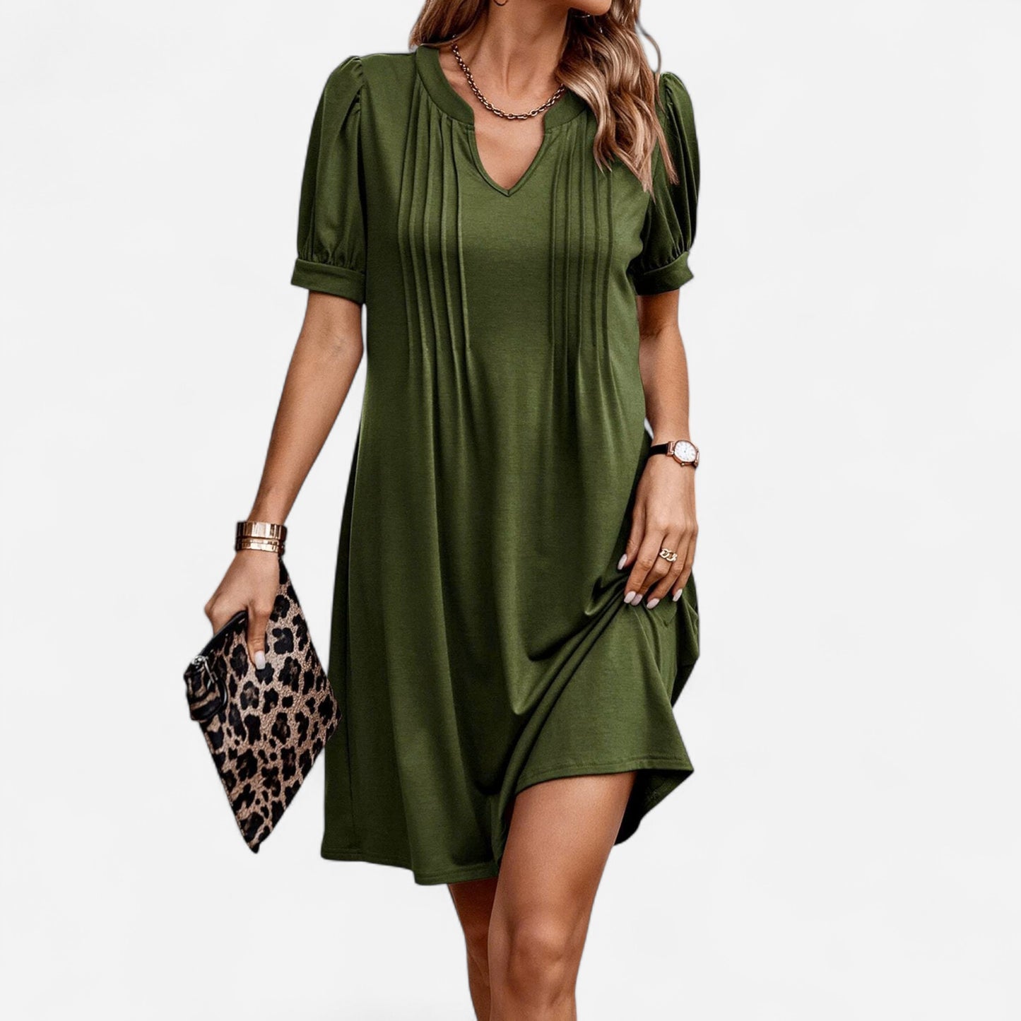Kaitlyn - Robe T-shirt à col en V, manches bouffantes plissées