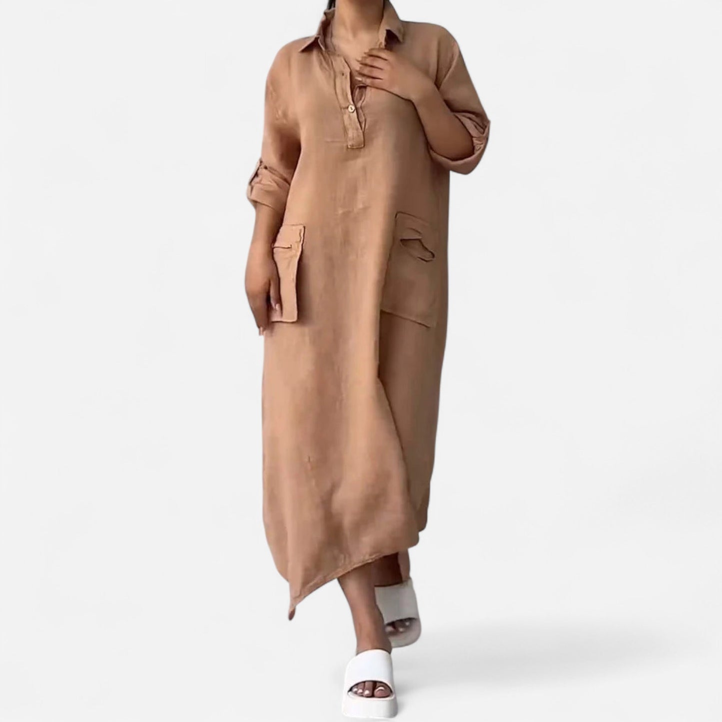 Leontine - Robe maxi en lin et coton avec revers élégant