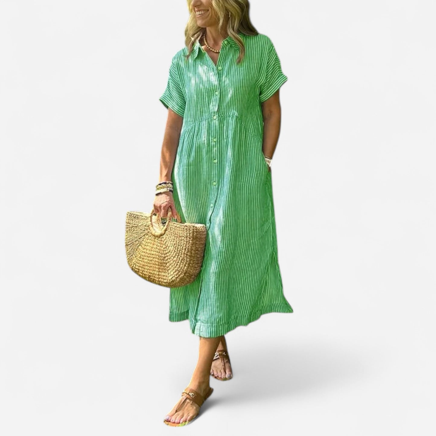 Melania - Robe Chemise Rayée avec Poches et Boutons Élégants