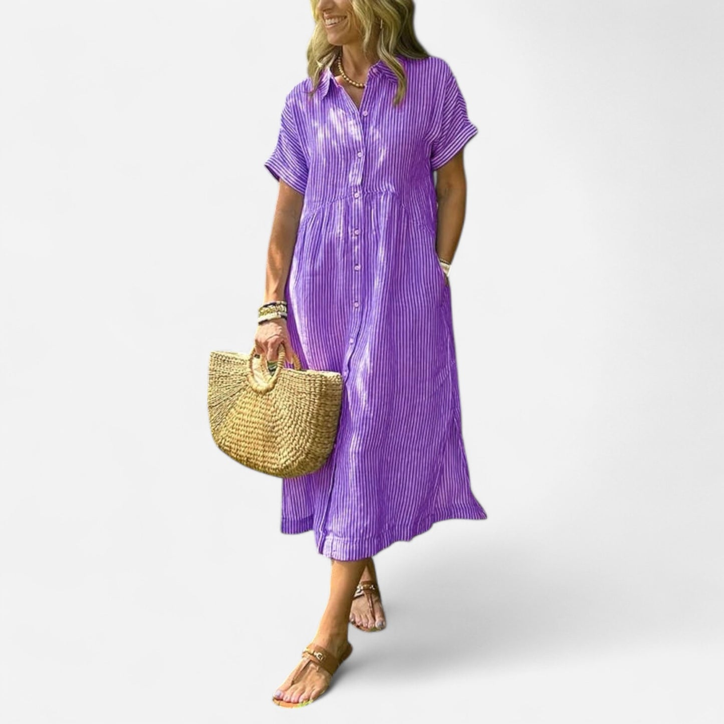 Melania - Robe Chemise Rayée avec Poches et Boutons Élégants
