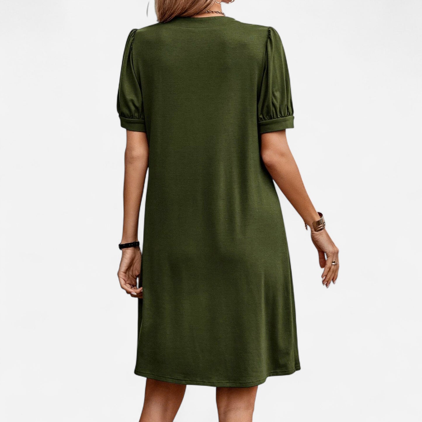 Kaitlyn - Robe T-shirt à col en V, manches bouffantes plissées