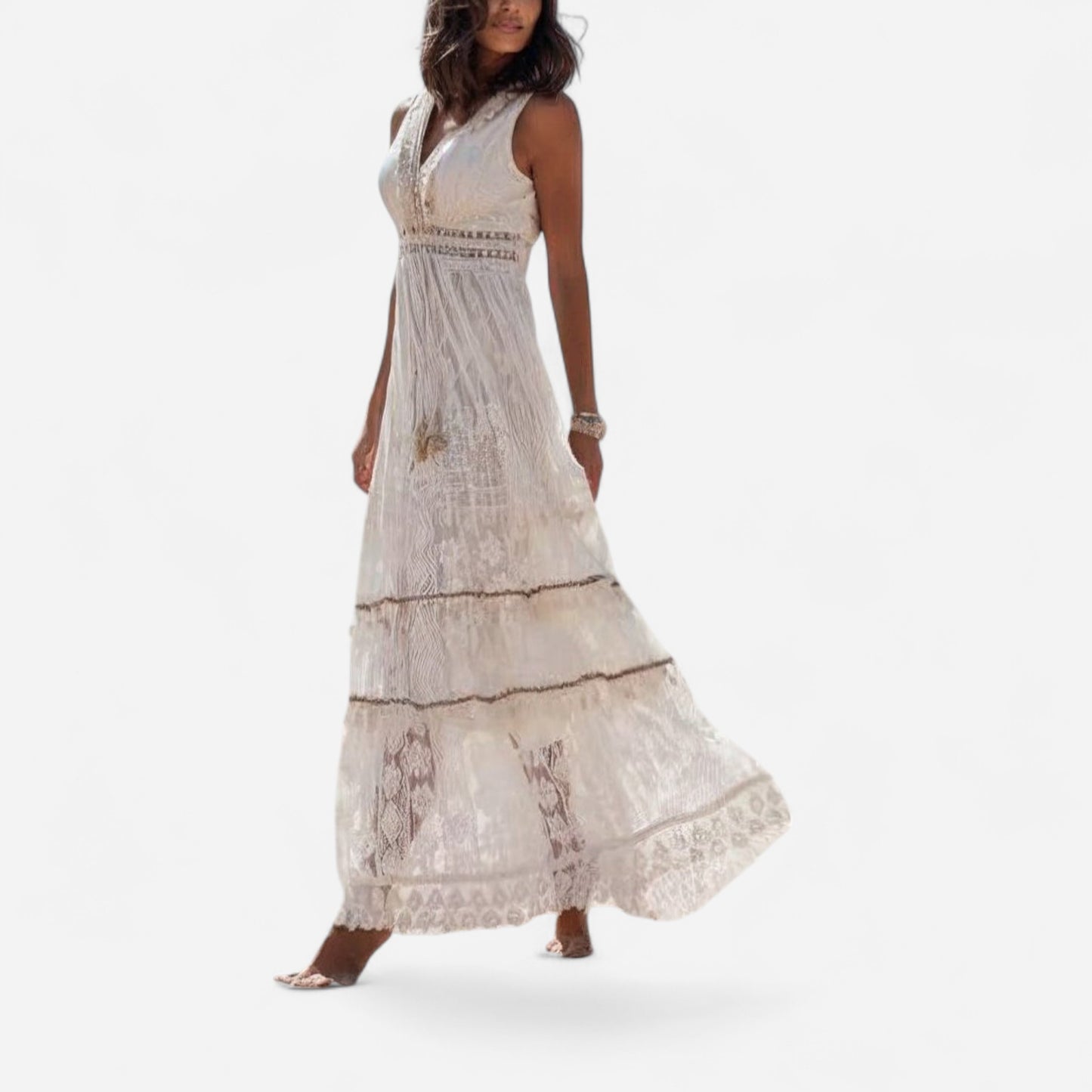 Robe Maxi Boho en Dentelle - Élégance d'Été Sans Manches