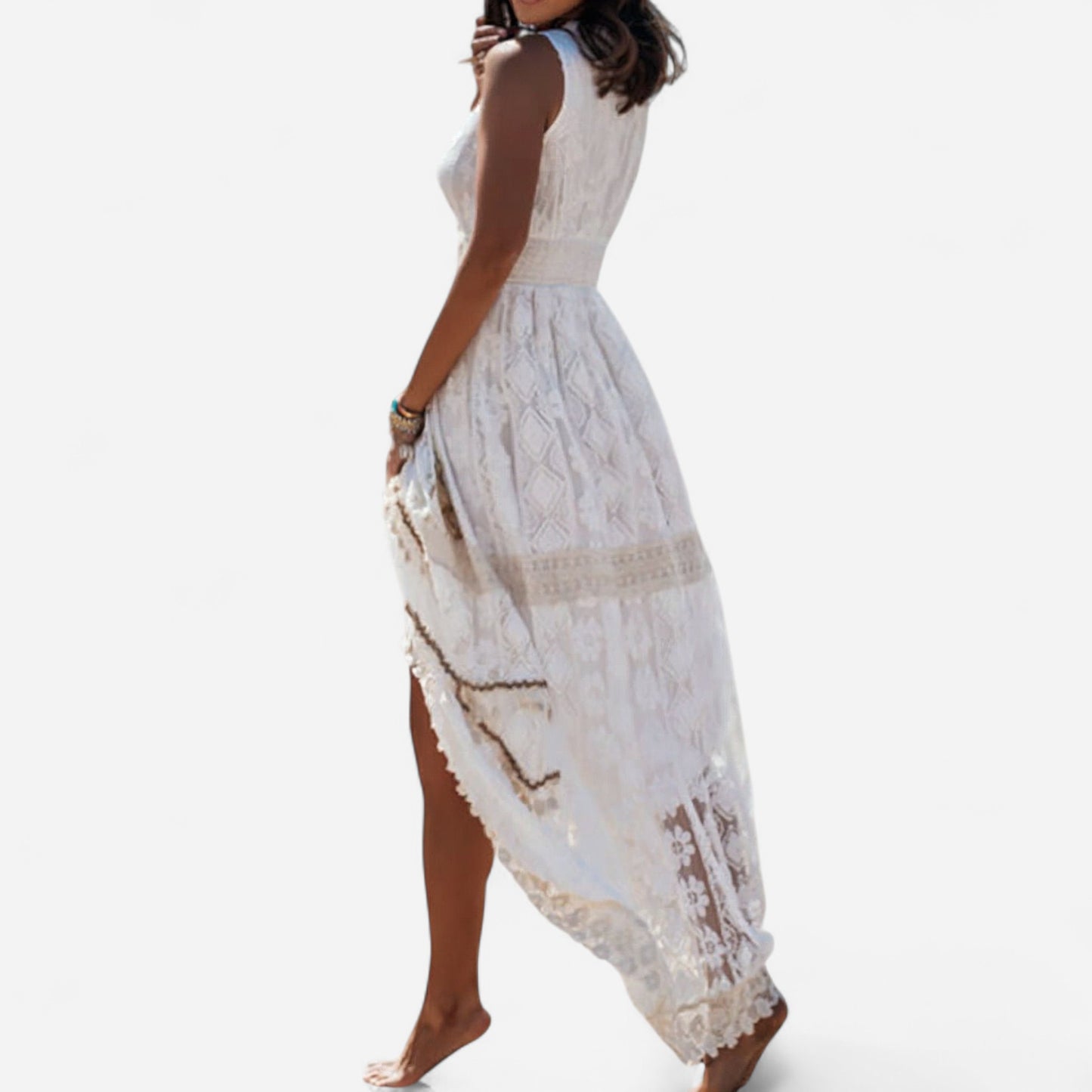 Robe Maxi Boho en Dentelle - Élégance d'Été Sans Manches