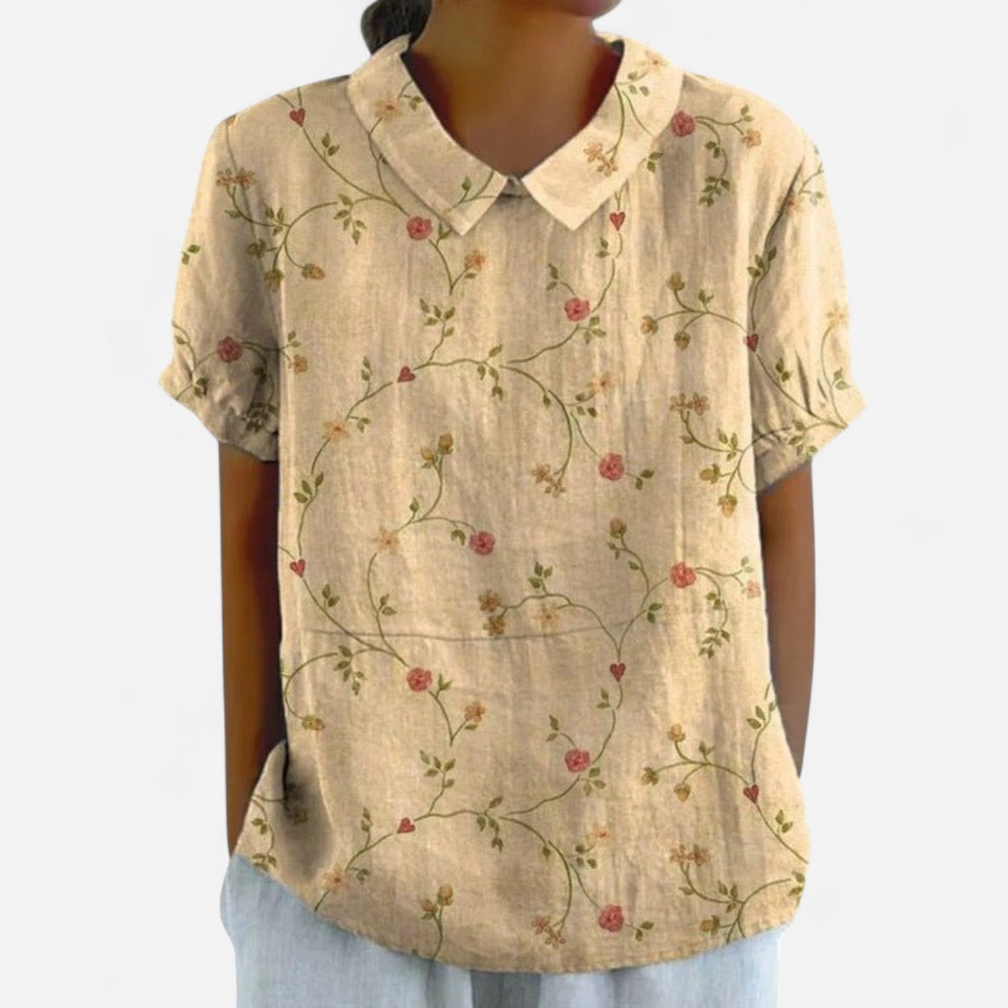 Blouse Florale - Manches Courtes, Col Peter Pan en Coton Léger