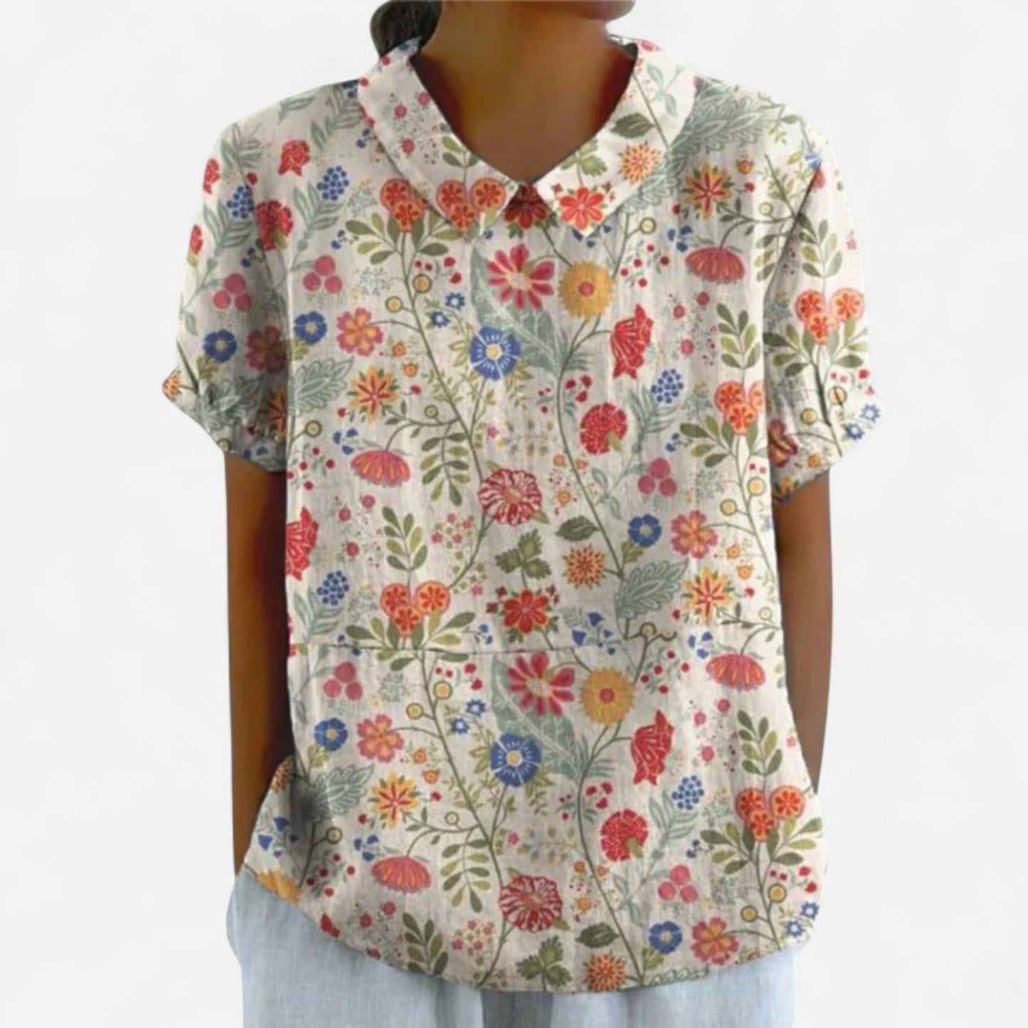 Blouse Florale - Manches Courtes, Col Peter Pan en Coton Léger