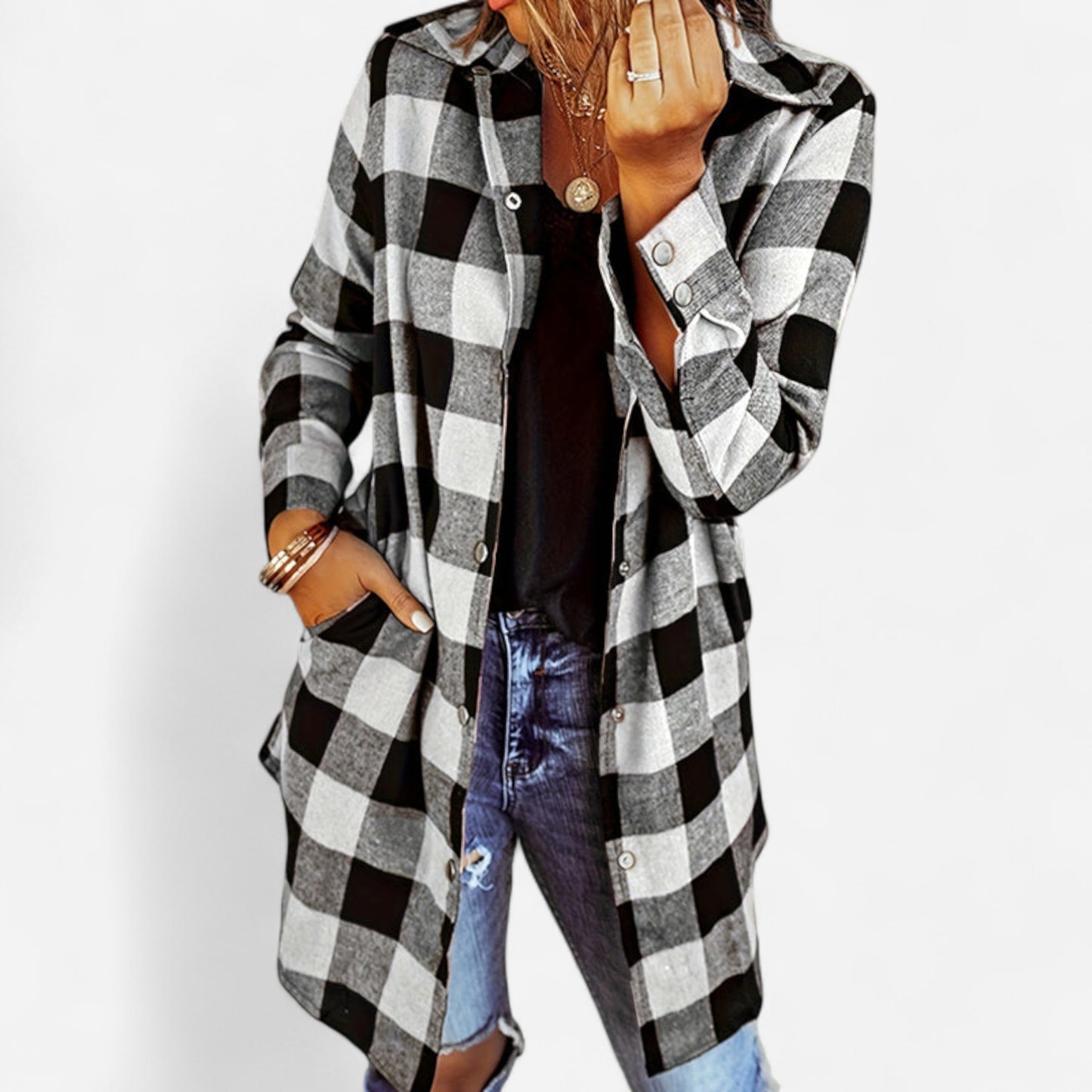 Larissa - Veste Chemise Longue à Carreaux Élégante et Chic