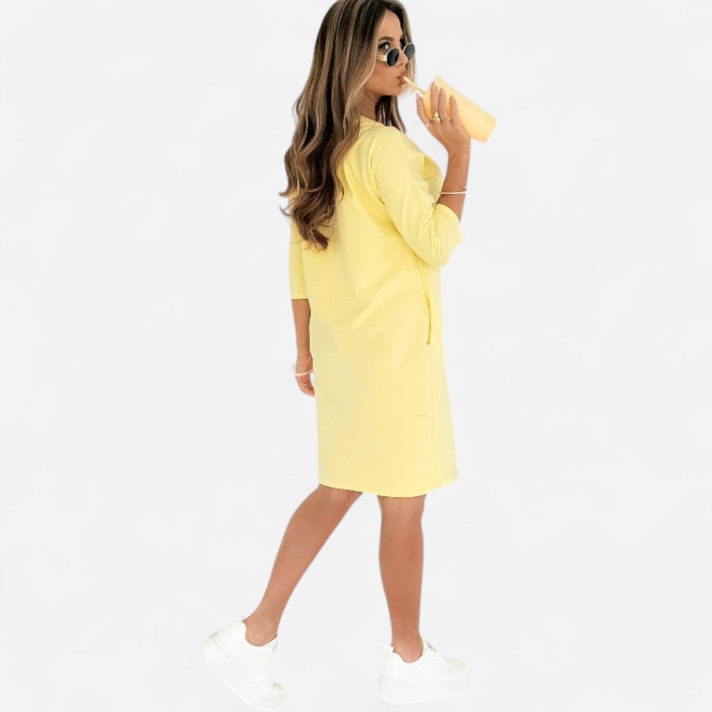 Lieka - Robe Élégante à Col Rond, Manches 3/4 et Poches Pratiques