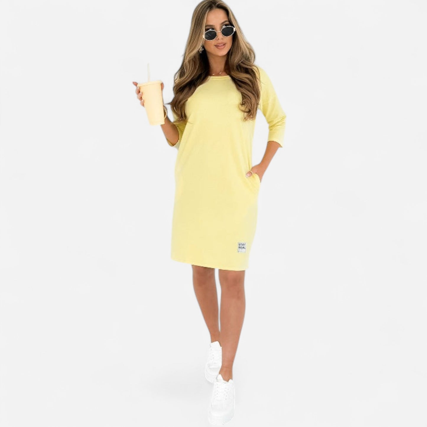 Lieka - Robe Élégante à Col Rond, Manches 3/4 et Poches Pratiques