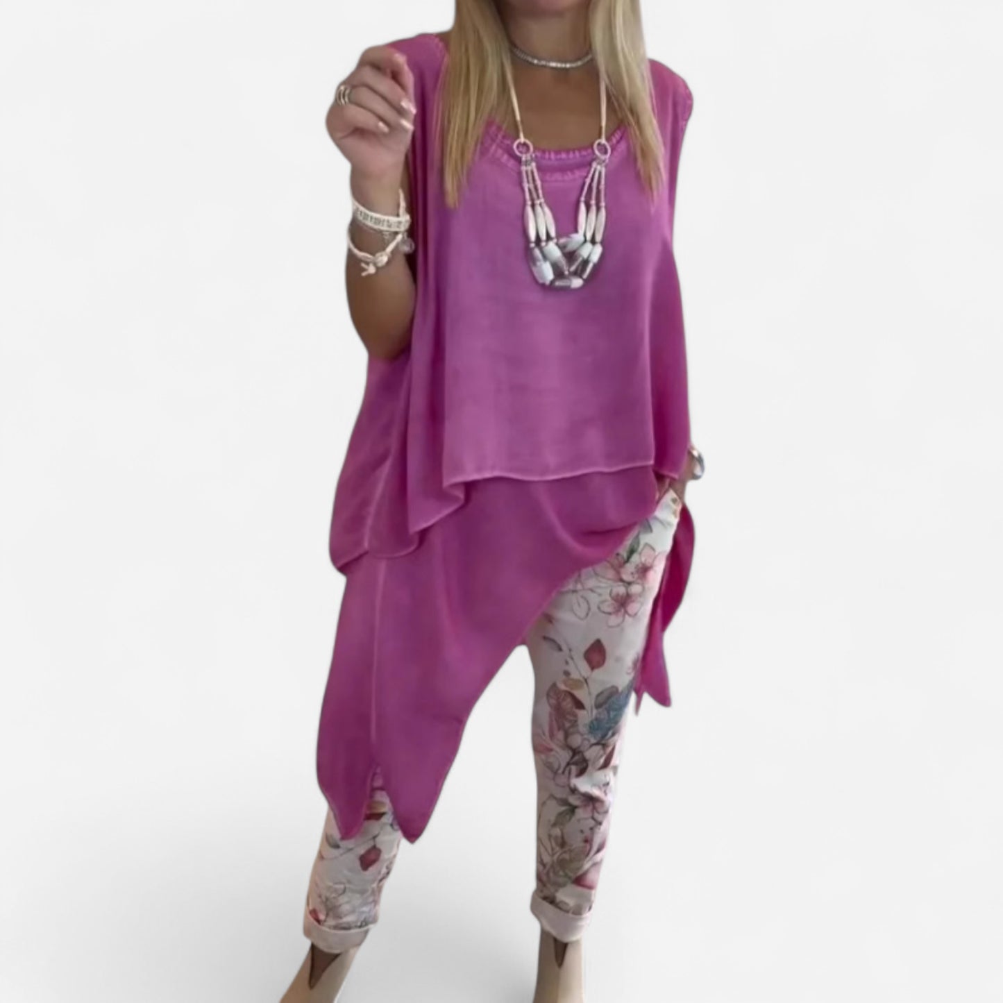 Oriane - Ensemble Femme Élégant : Top Sans Manches et Pantalon Imprimé Chic