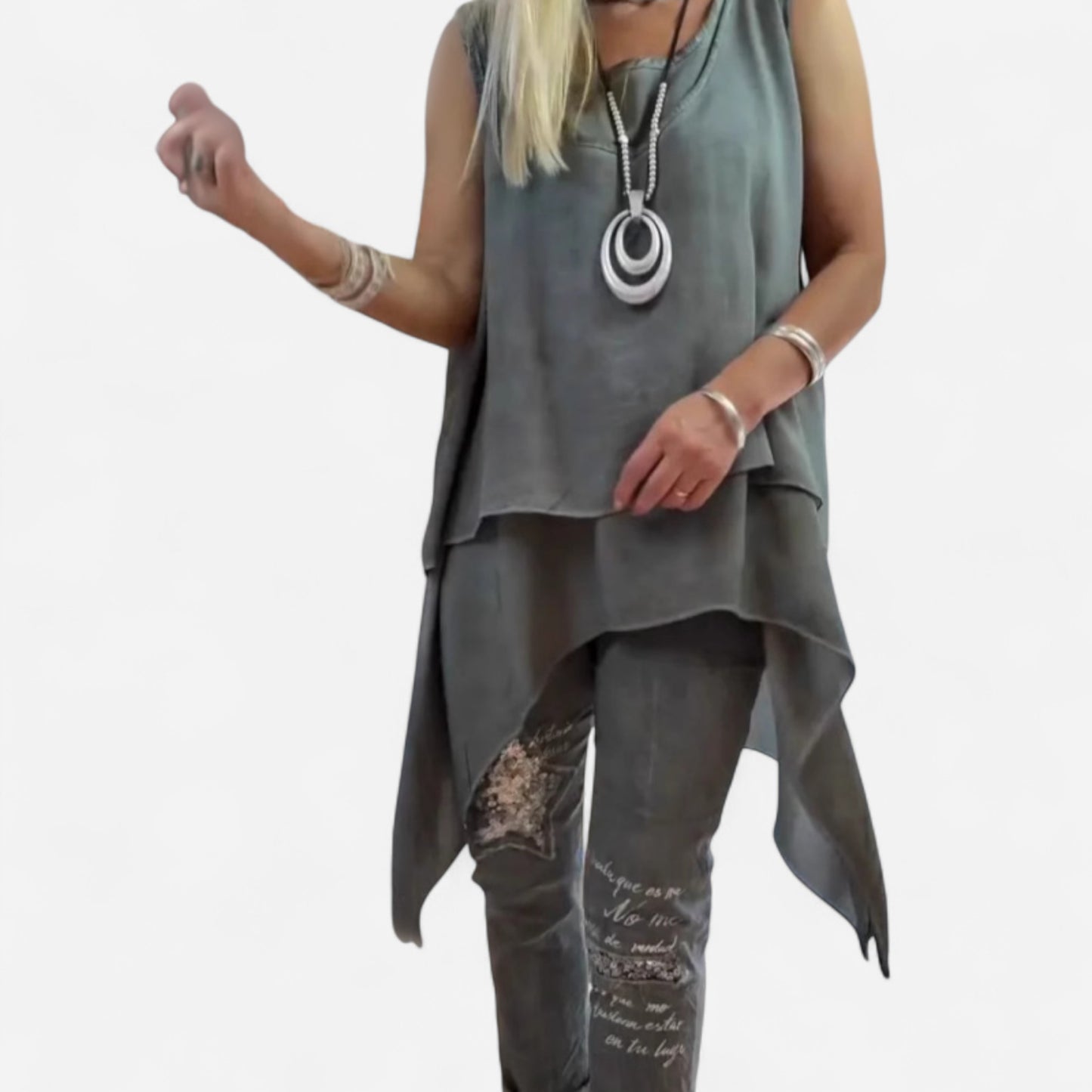 Oriane - Ensemble Femme Élégant : Top Sans Manches et Pantalon Imprimé Chic