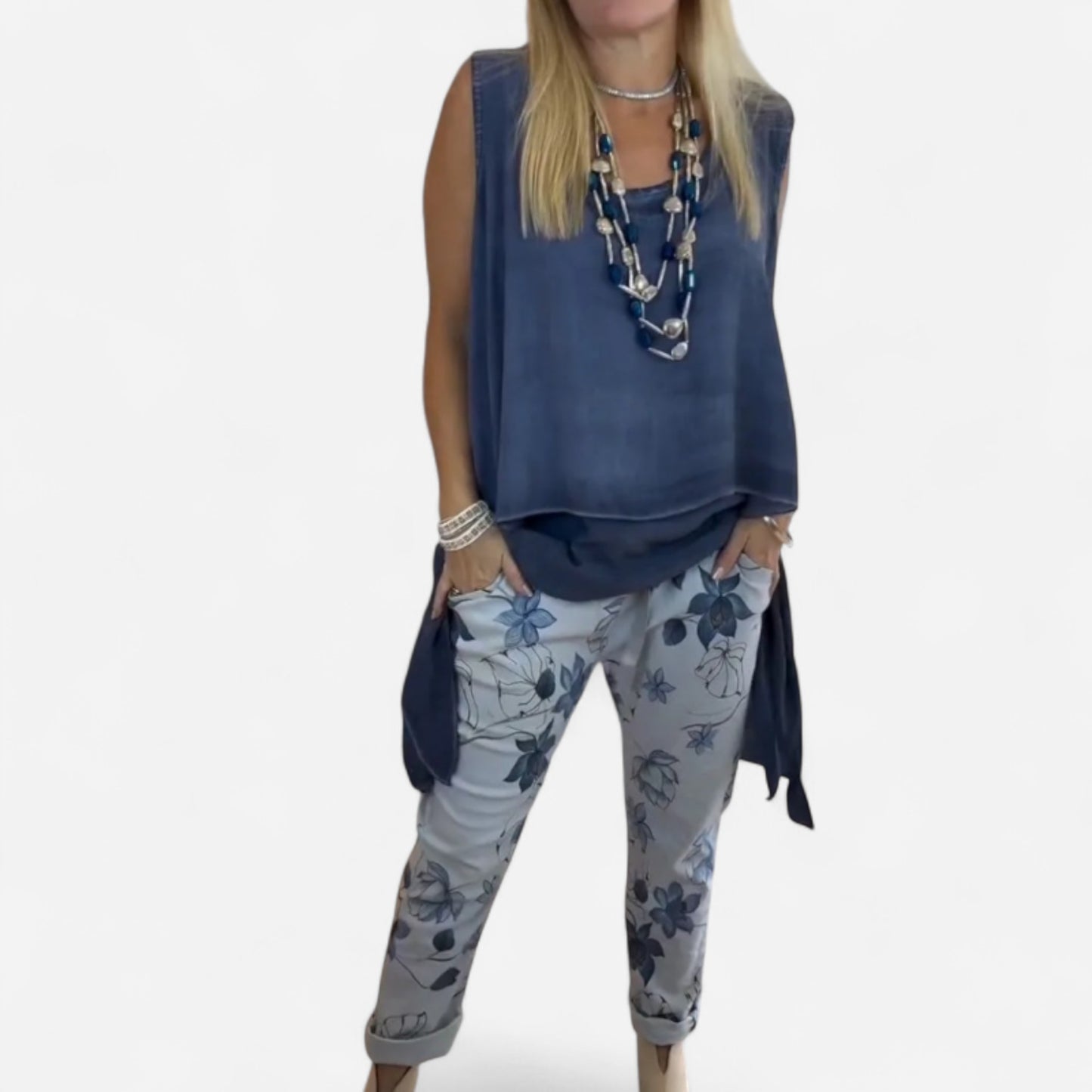 Oriane - Ensemble Femme Élégant : Top Sans Manches et Pantalon Imprimé Chic