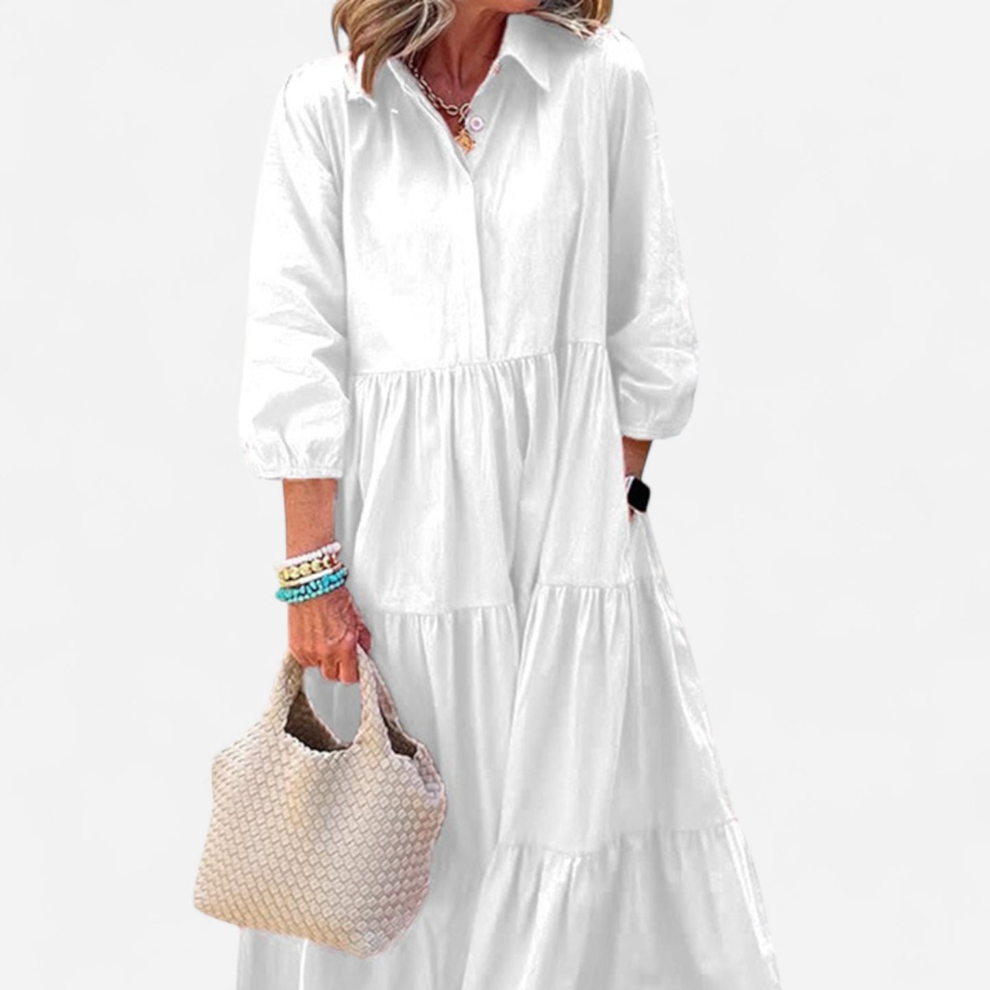 Faelina - Robe décontractée femme, ample avec col revers, longueur cheville