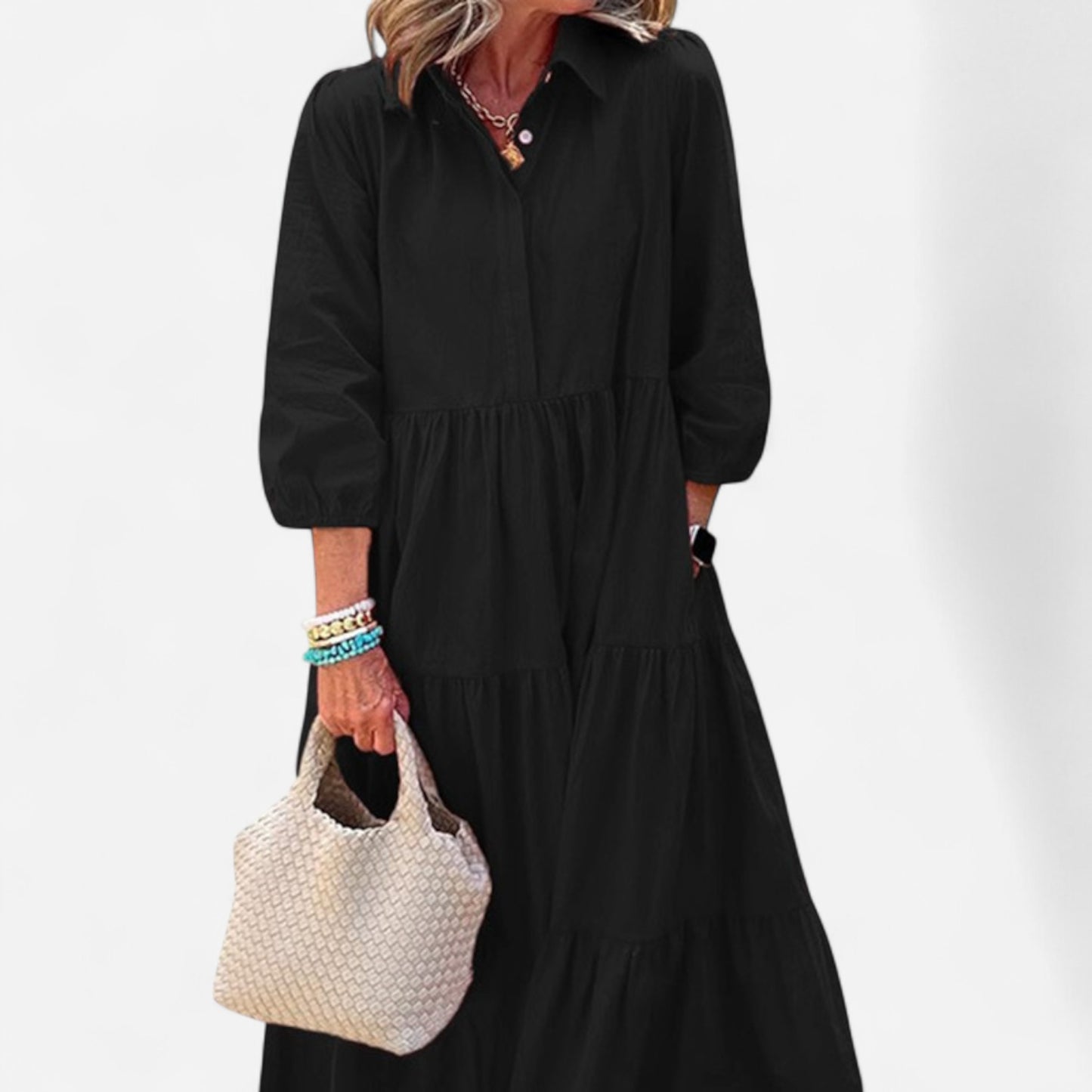 Faelina - Robe décontractée femme, ample avec col revers, longueur cheville