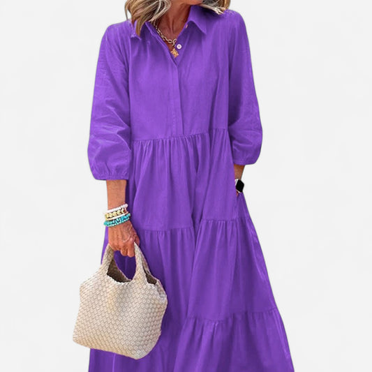 Faelina - Robe décontractée femme, ample avec col revers, longueur cheville