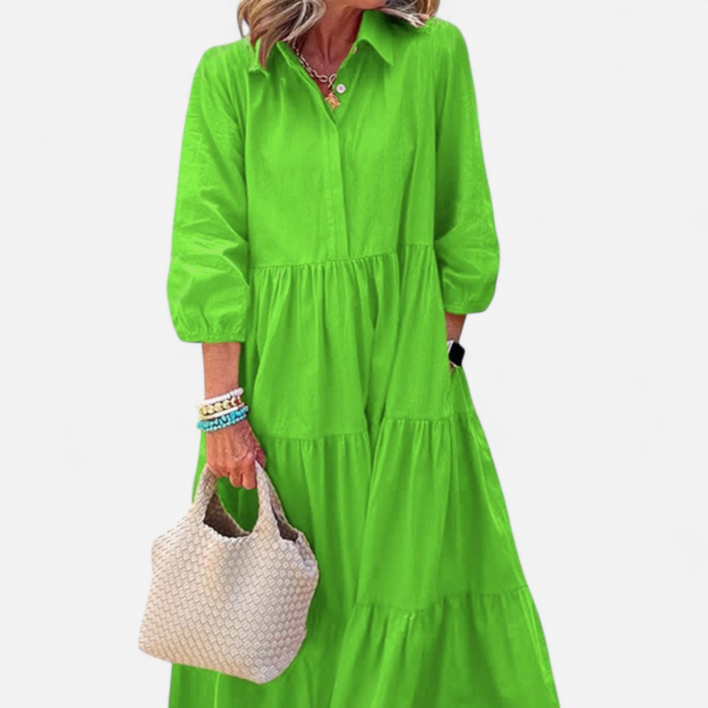 Faelina - Robe décontractée femme, ample avec col revers, longueur cheville