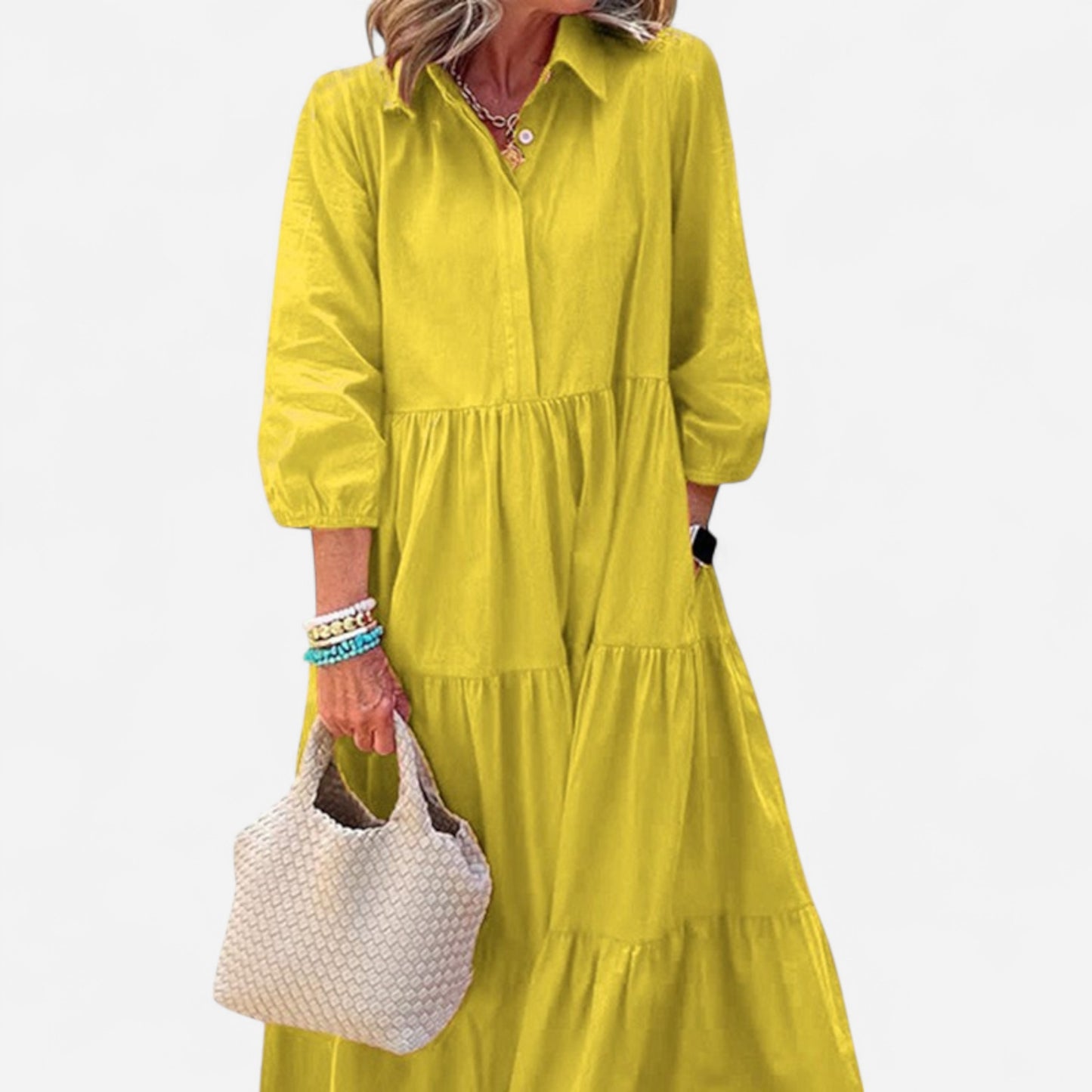 Faelina - Robe décontractée femme, ample avec col revers, longueur cheville