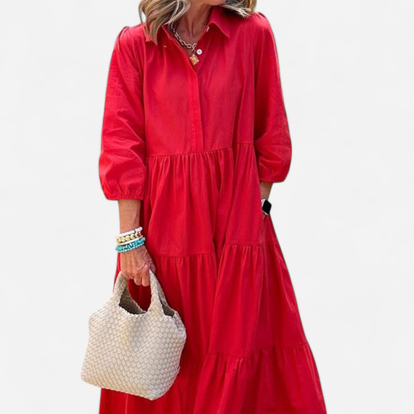 Faelina - Robe décontractée femme, ample avec col revers, longueur cheville