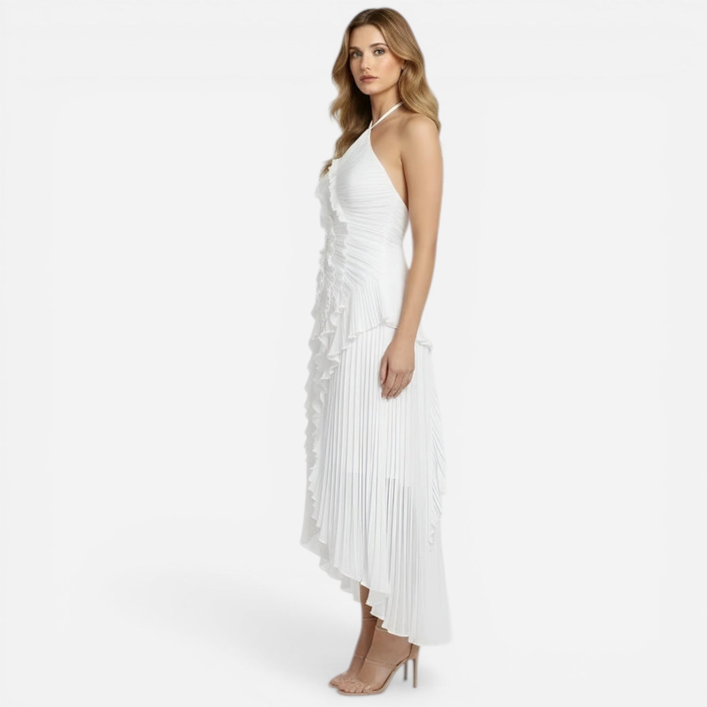 Robe longue élégante pour femme avec volants et plis, fente chic