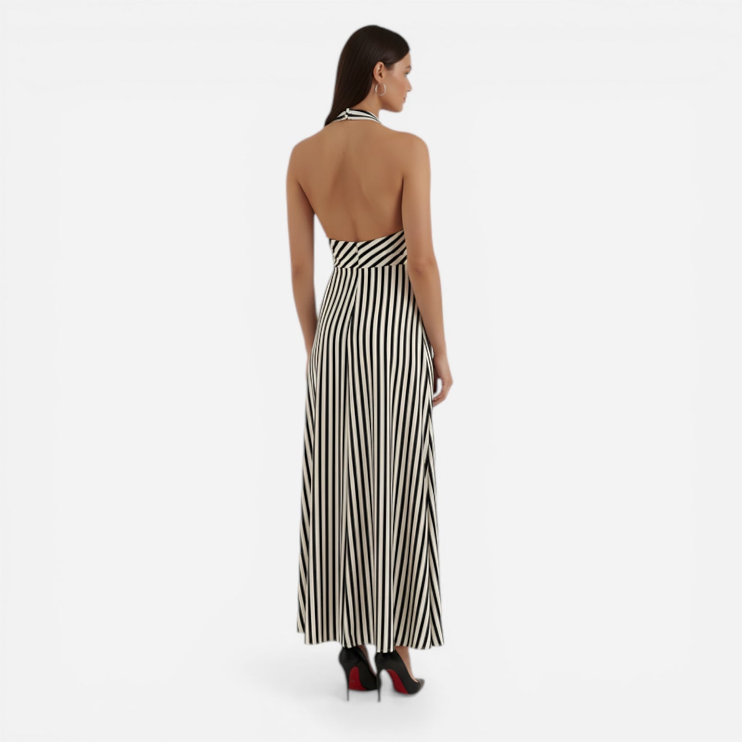 Robe longue rayée avec décolleté en V et dos ouvert pour femmes