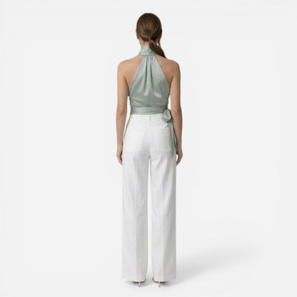 Blouse Élégante Femme Sans Manches, Col Halter et Ceinture Ajustée