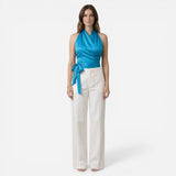 Blouse Élégante Femme Sans Manches, Col Halter et Ceinture Ajustée