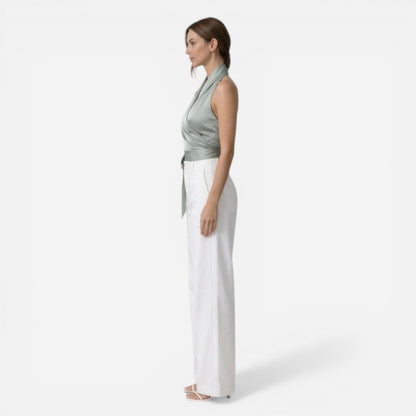 Blouse Élégante Femme Sans Manches, Col Halter et Ceinture Ajustée