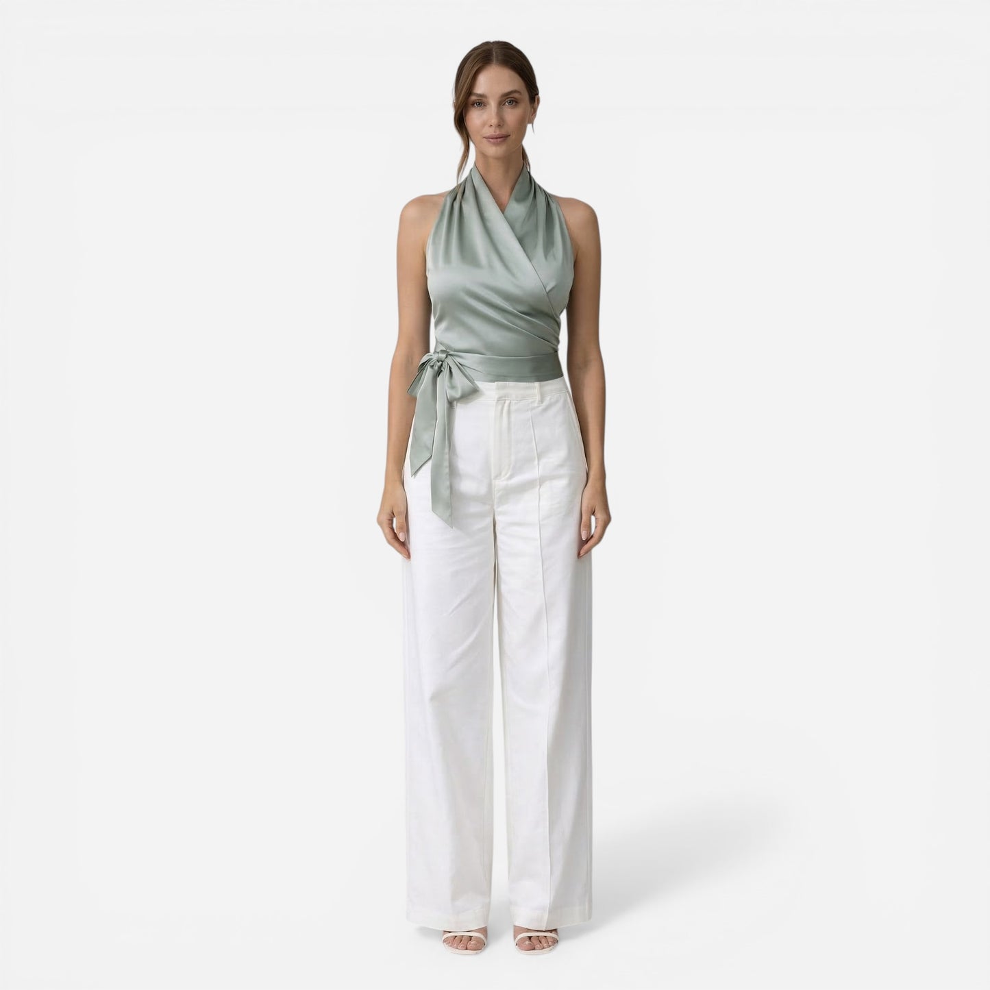 Blouse Élégante Femme Sans Manches, Col Halter et Ceinture Ajustée