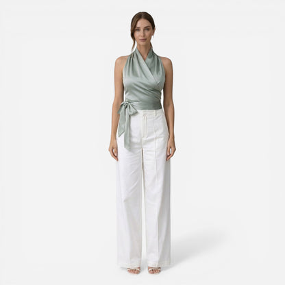 Blouse Élégante Femme Sans Manches, Col Halter et Ceinture Ajustée