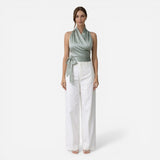 Blouse Élégante Femme Sans Manches, Col Halter et Ceinture Ajustée
