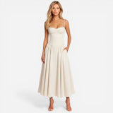 Robe Midi Élégante à Fines Bretelles avec Poches - Chic et Pratique