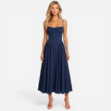 Robe Midi Élégante à Fines Bretelles avec Poches - Chic et Pratique