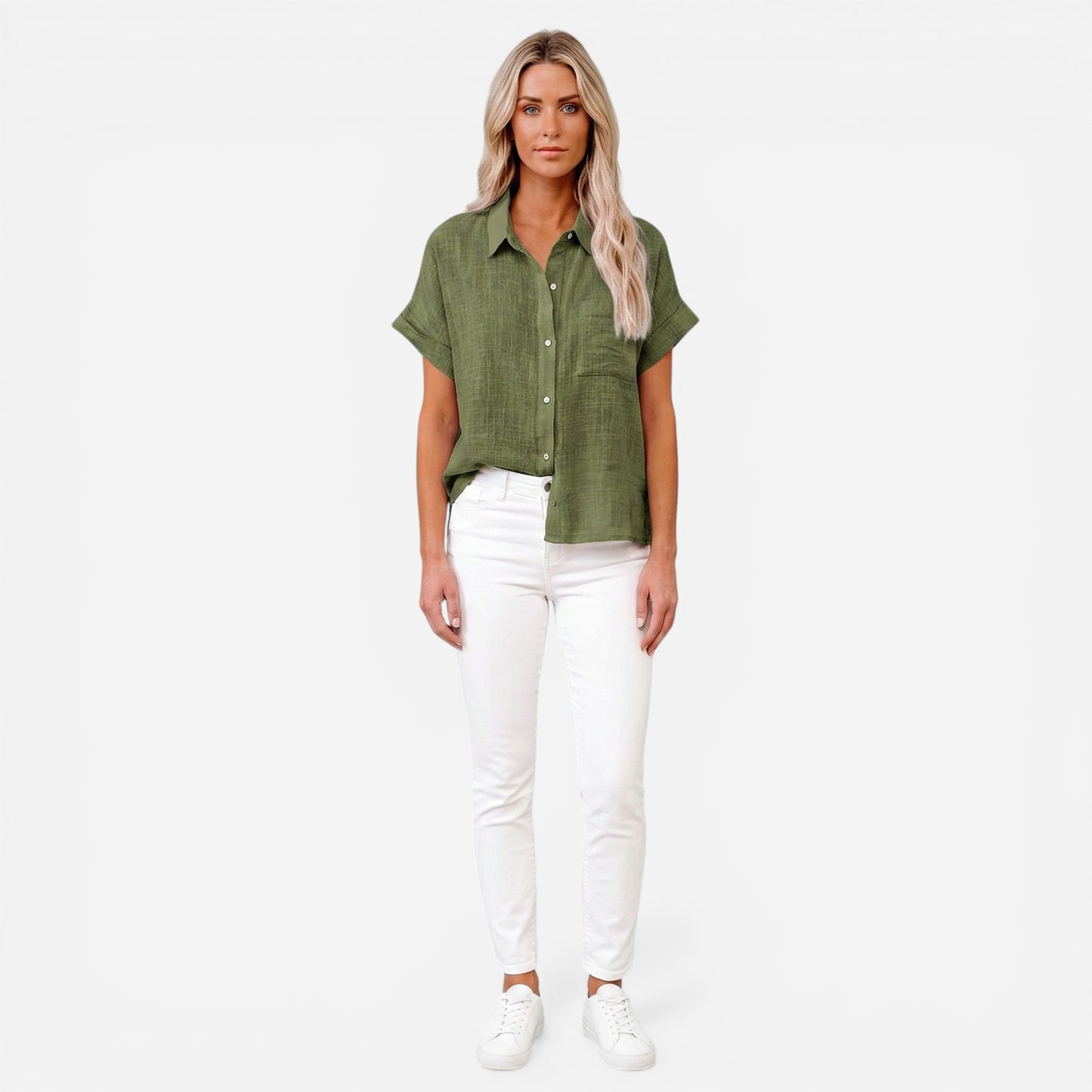 Chemisier en lin à manches courtes pour femmes - Blouse d'été élégante avec boutons