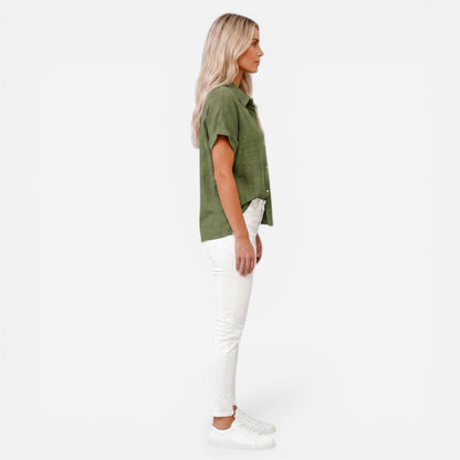 Chemisier en lin à manches courtes pour femmes - Blouse d'été élégante avec boutons