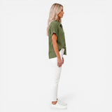 Chemisier en lin à manches courtes pour femmes - Blouse d'été élégante avec boutons