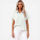 Chemisier en lin à manches courtes pour femmes - Blouse d'été élégante avec boutons