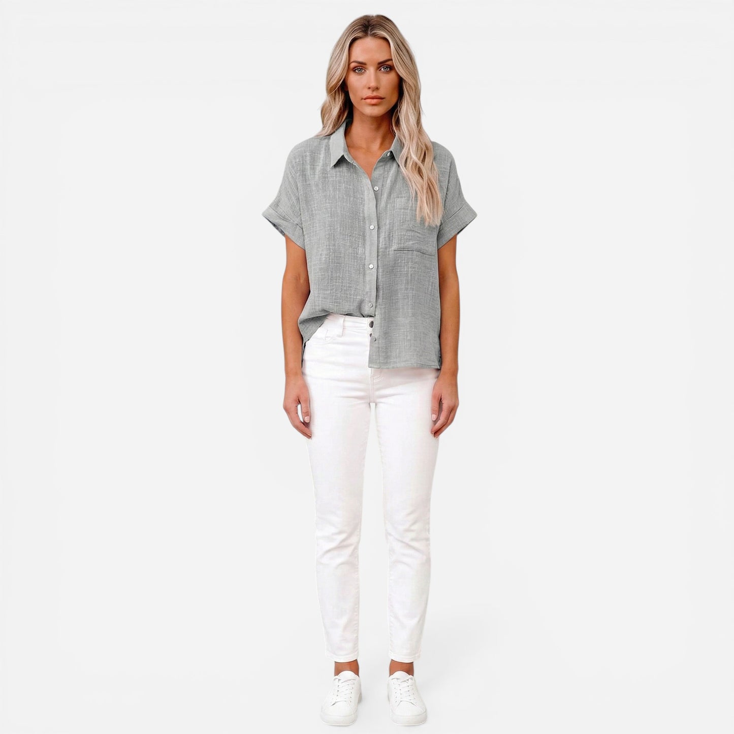 Chemisier en lin à manches courtes pour femmes - Blouse d'été élégante avec boutons