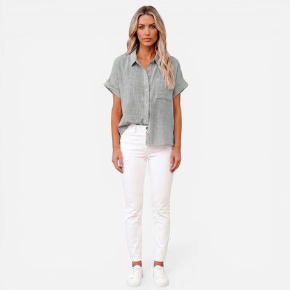 Chemisier en lin à manches courtes pour femmes - Blouse d'été élégante avec boutons