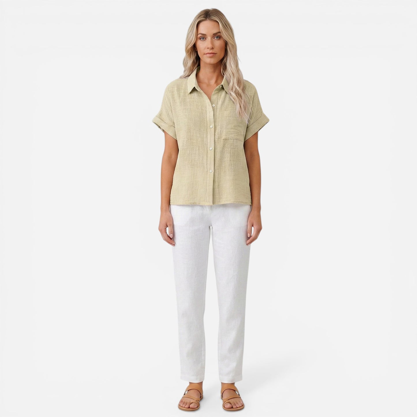 Chemisier en lin à manches courtes pour femmes - Blouse d'été élégante avec boutons