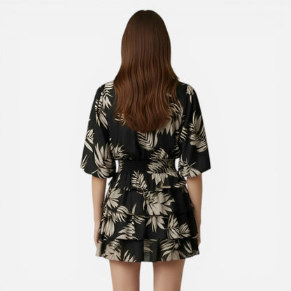 Robe d'été femme à volants, imprimé floral, manches larges, décolleté en V