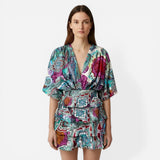 Robe d'été femme à volants, imprimé floral, manches larges, décolleté en V