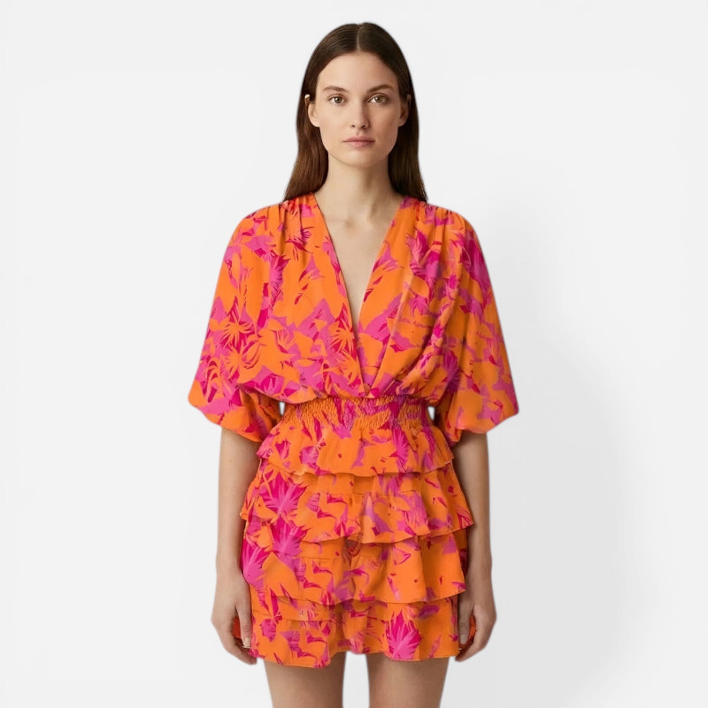 Robe d'été femme à volants, imprimé floral, manches larges, décolleté en V