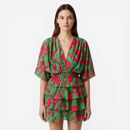 Robe d'été femme à volants, imprimé floral, manches larges, décolleté en V